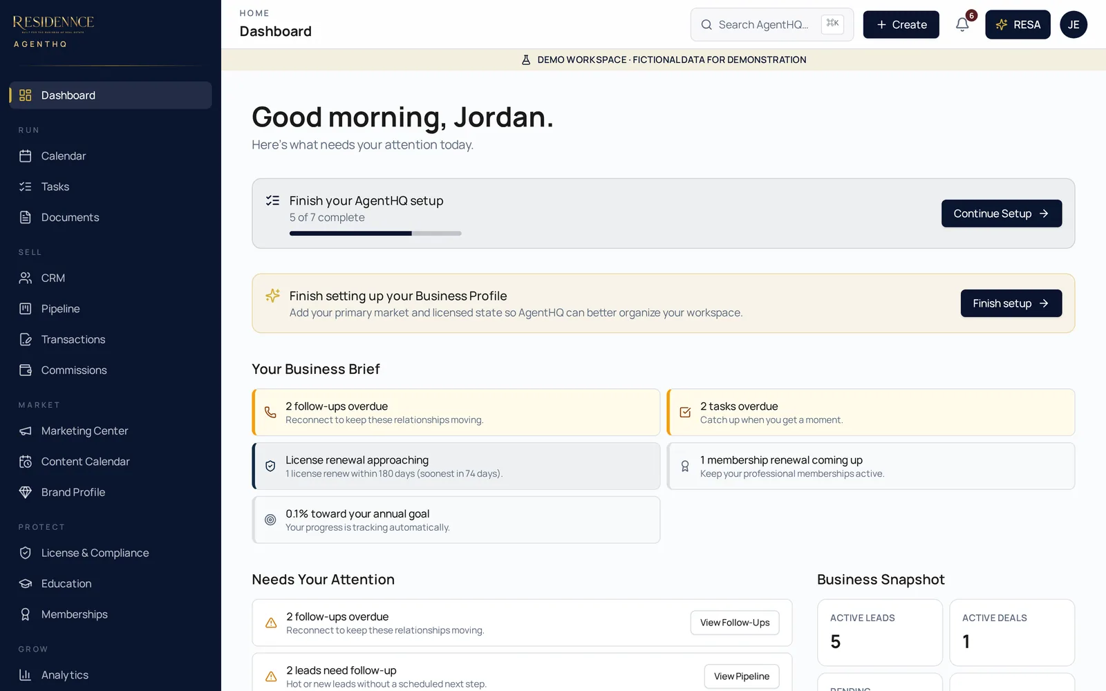 Preview of the AgentHQ Dashboard from the demo workspace.